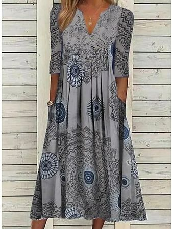 V Neck Loose Ethnic Midi Dress