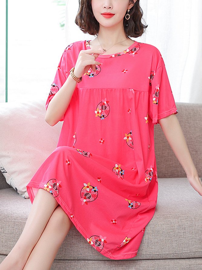 Loose Floral Crew Neck Casual Nightdress