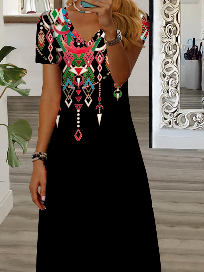 Casual V Neck Loose Ethnic Dress
