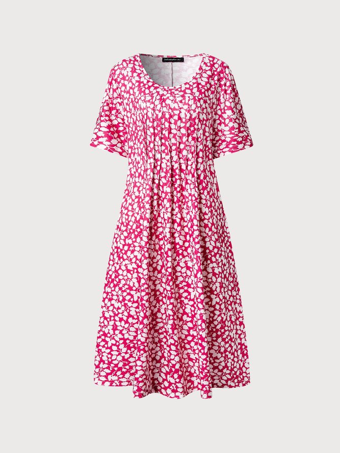 Round Neck Pockets Floral Casual Midi Prom Dress