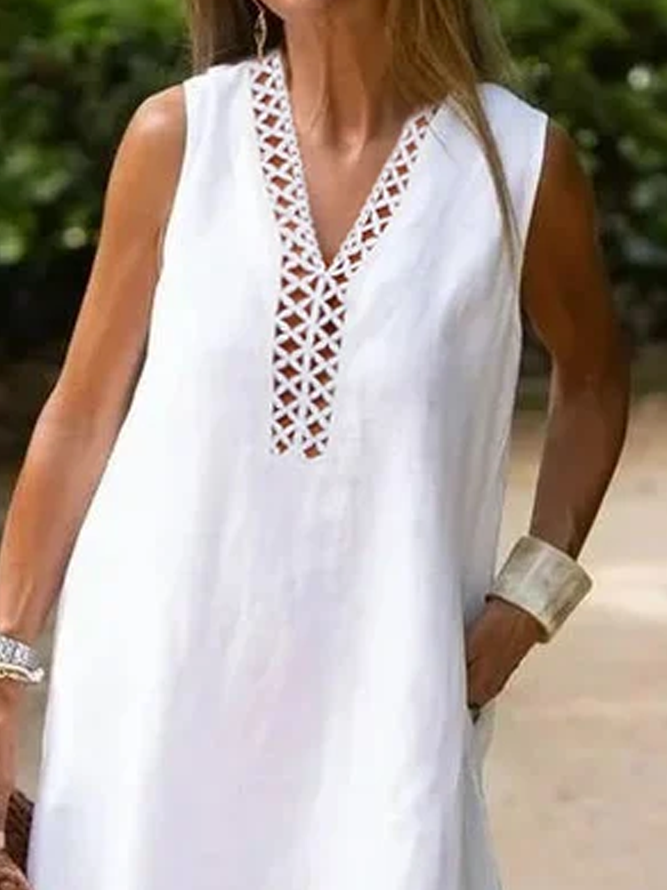 Women's Cotton Linen V Neck Lace Cutout Vacation Dress