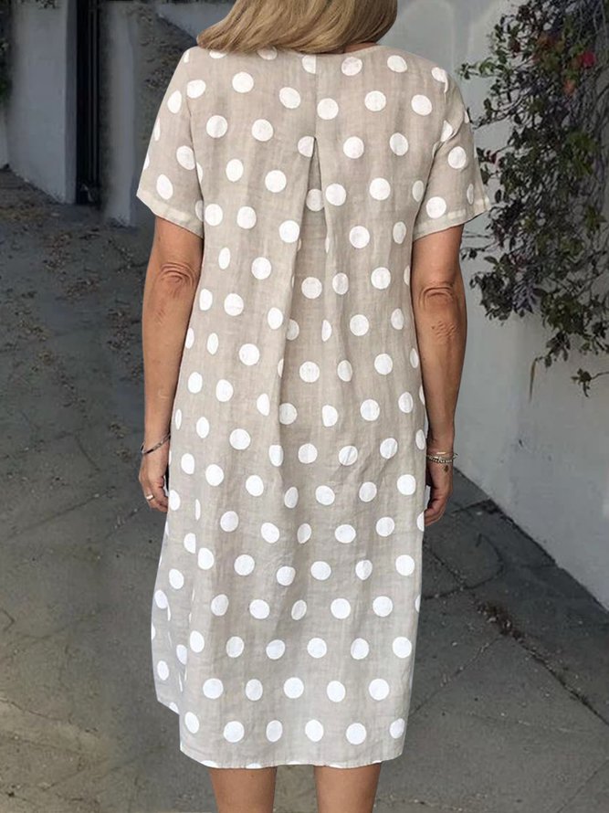 Women Polka Dots Pockets Casual Summer Weaving Smock Dress