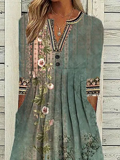 Floral V Neck Casual Jersey Dress