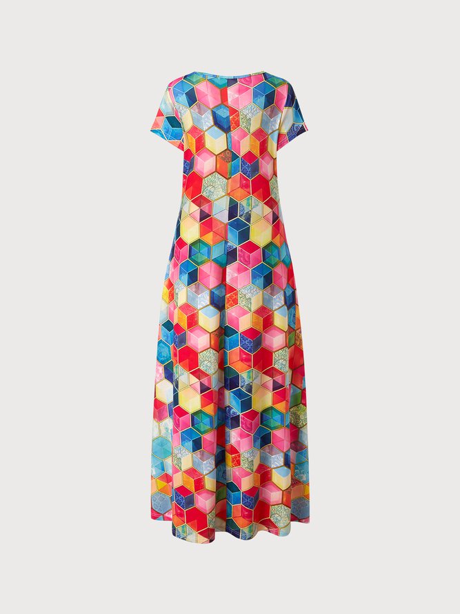 V Neck Geometric colorblock Casual Maxi Dress