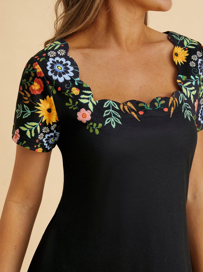 Holiday flower collar a-hem loose Satin Dress