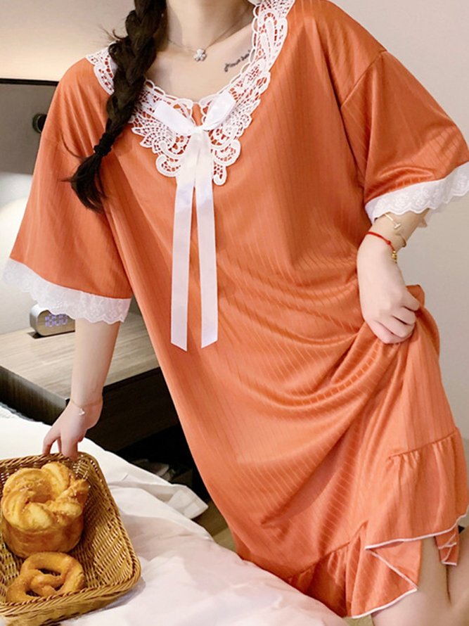 Regular Sleeve Casual Lace V Neck Loose Lounge Dress