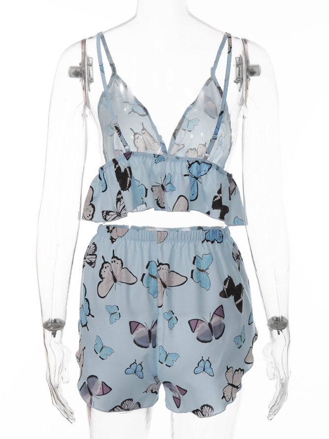 Sexy Deep V Butterfly Print Pajamas Camisole Shorts Casual Homewear Set