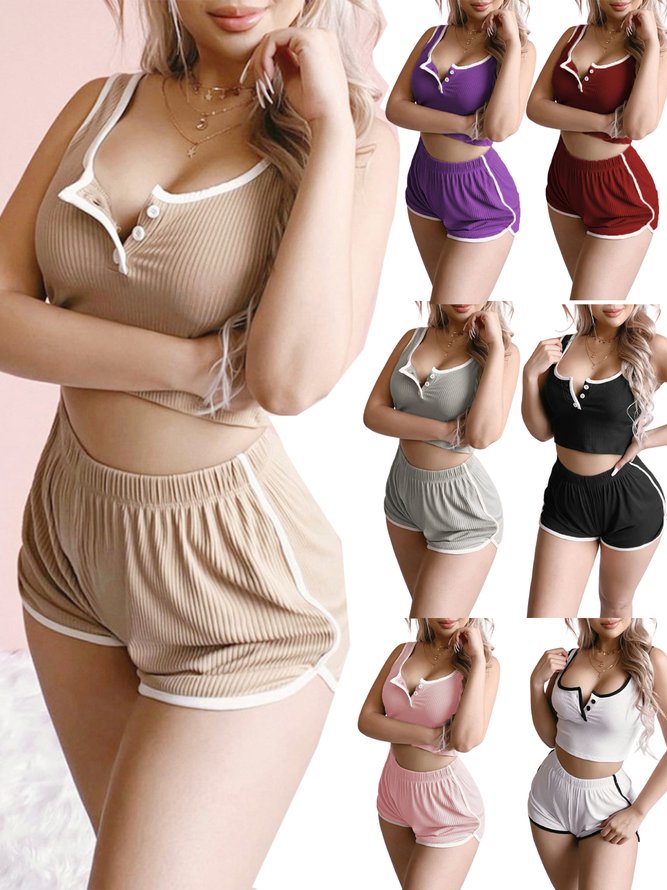 Casual Plain Half Open Collar Piping Lounge Set