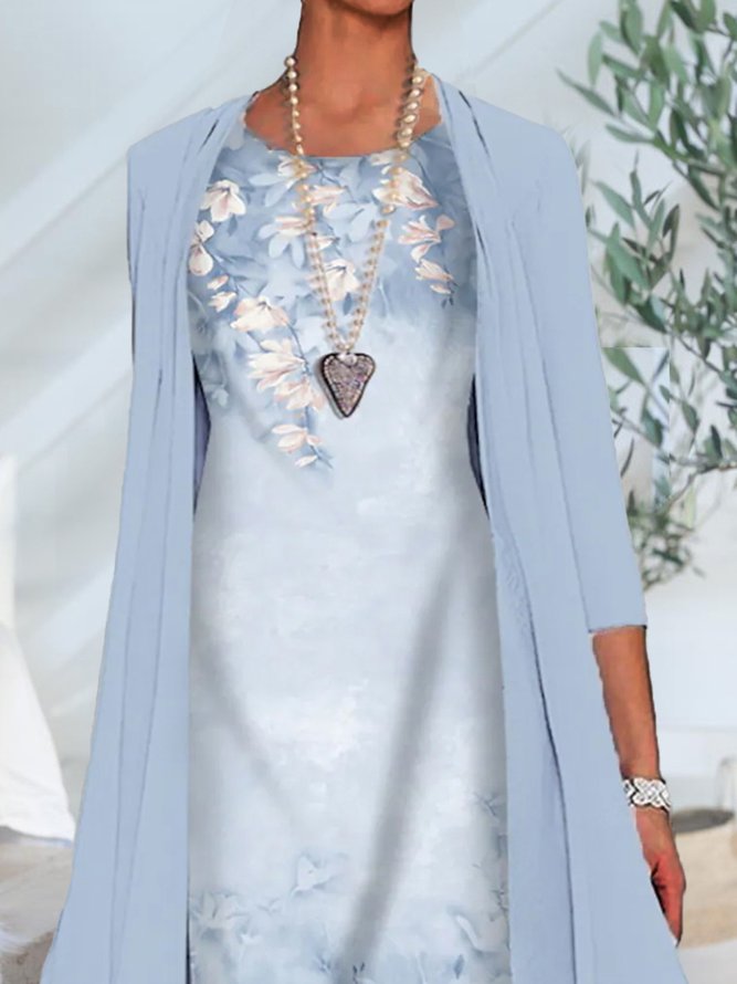 2PCS Round Neck Floral Casual Dress & Cardigan