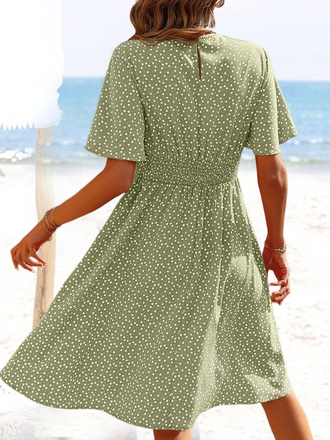 Ditsy Floral Crew Neck Vacation Loose Chiffon Allover Heart Print Butterfly Sleeve Dress