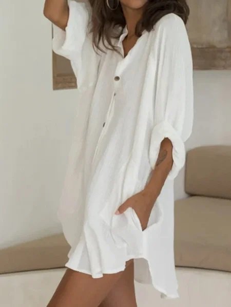Vintage Half Sleeve Linen Plain Dress