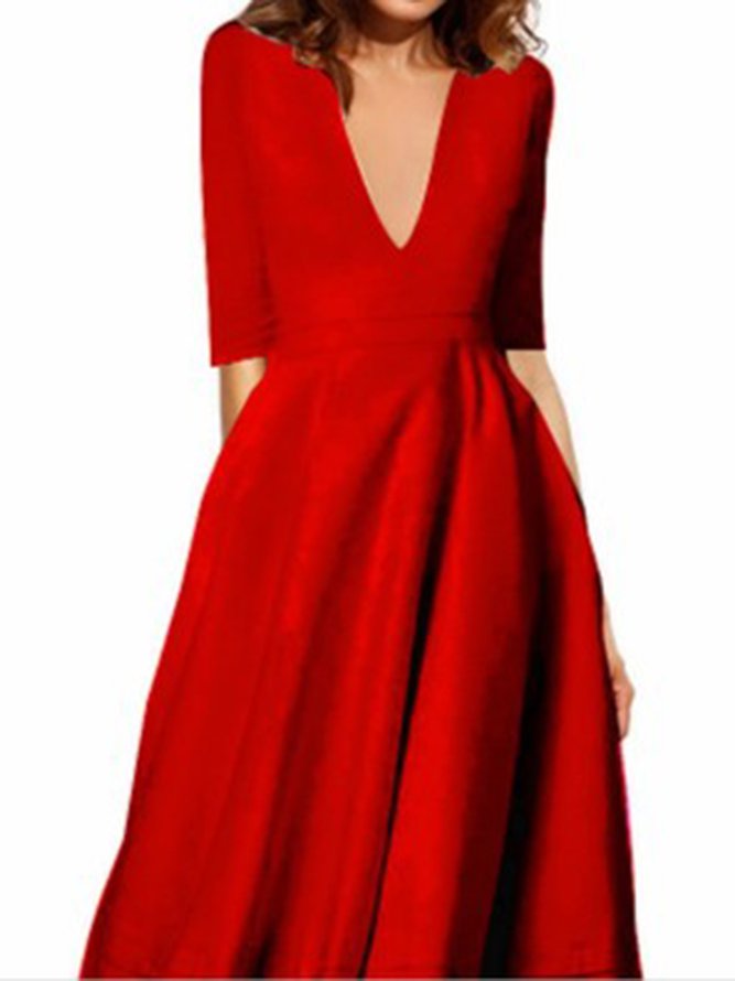 Women Deep V Neck 3/4 Sleeve Paneled Solid Elegant Swing Prom Dress