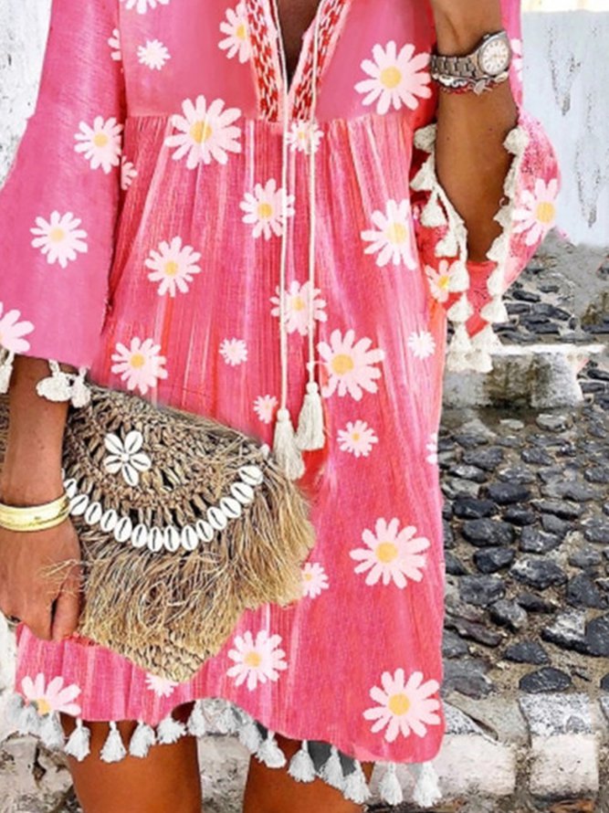 Women Boho Holiday Floral Tassel Sweet V Neck A-lined Midi Summer Weaving Dress