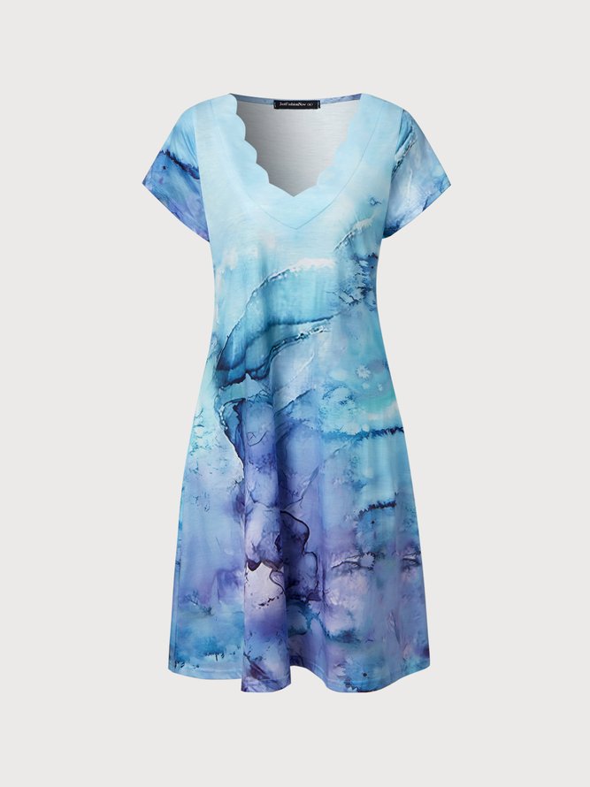 Scallop Neck Ombre Geometric Vacation Casual Mini Dresses