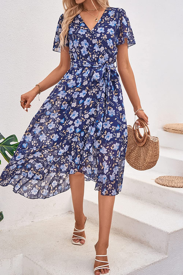 Vacation Floral Loose V Neck Dress