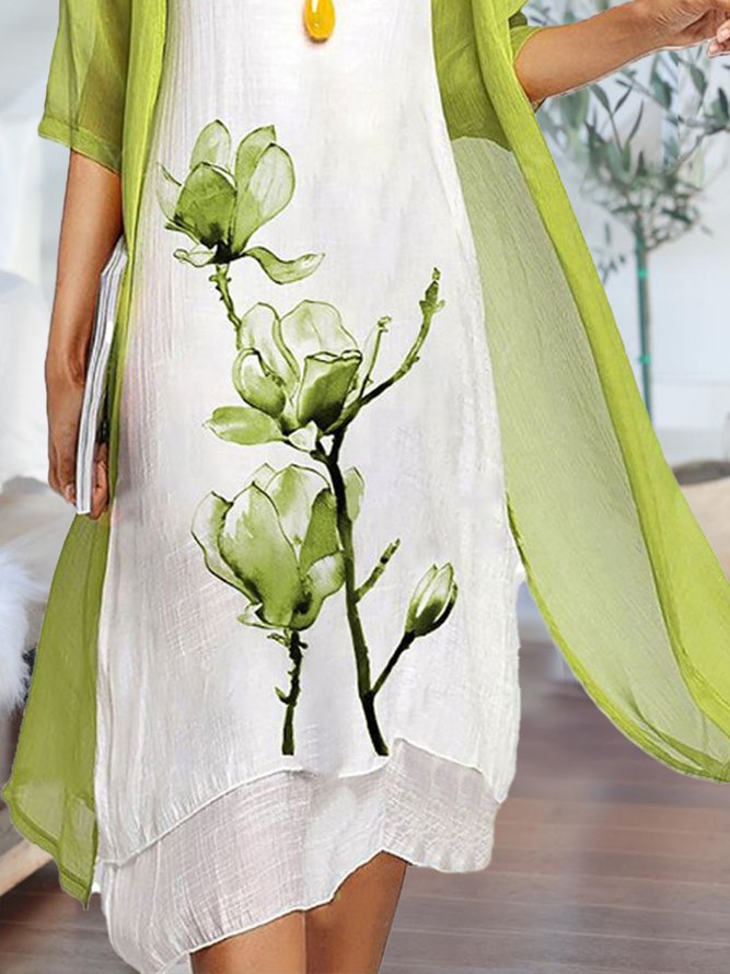 Round Neck Two Piece Floral Linen Casual Midi Dresses