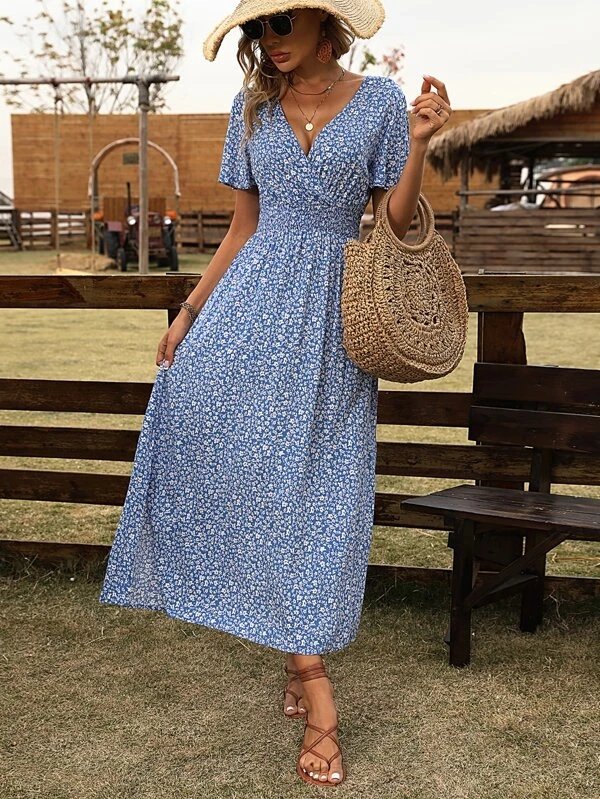 Vacation Loose Cross Neck Floral Summer Dress