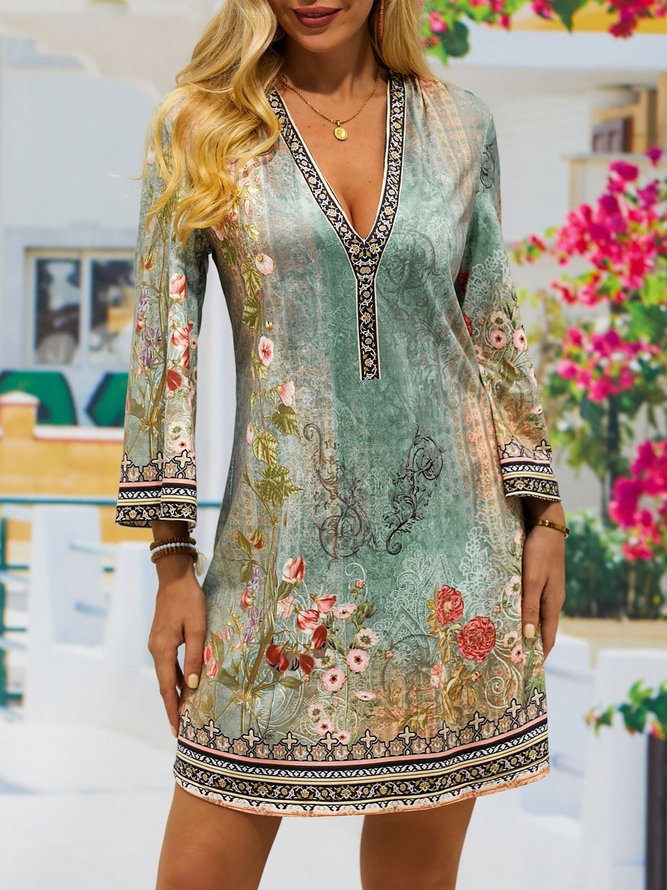 Floral Boho V Neck Loose Dress