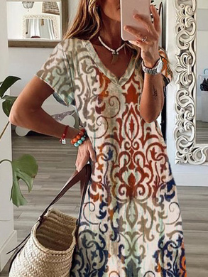 Casual V Neck Ethnic Fit Short sleeve Dress
