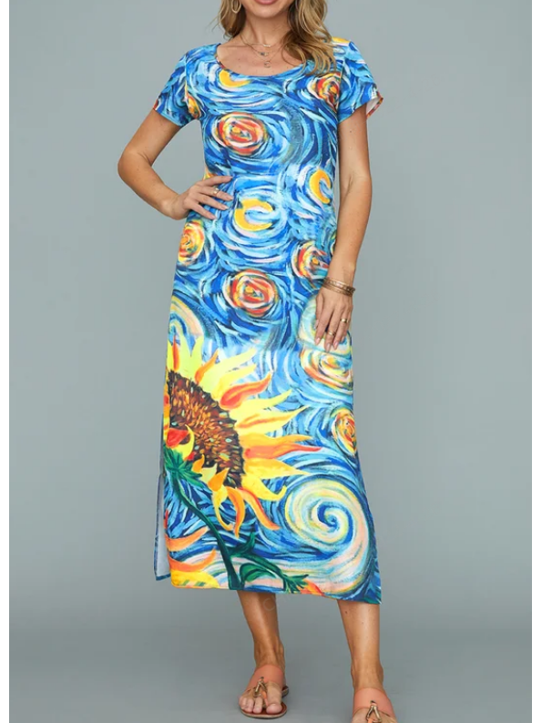 Round Neck Sunflower Floral Beach Vacation Midi Dresses