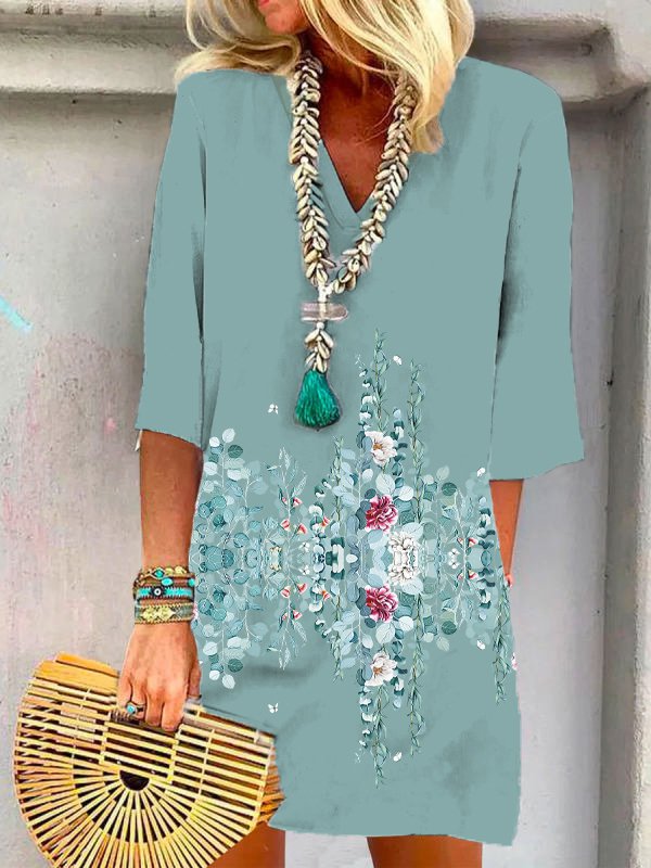 V Neck Floral Casual Midi Dress