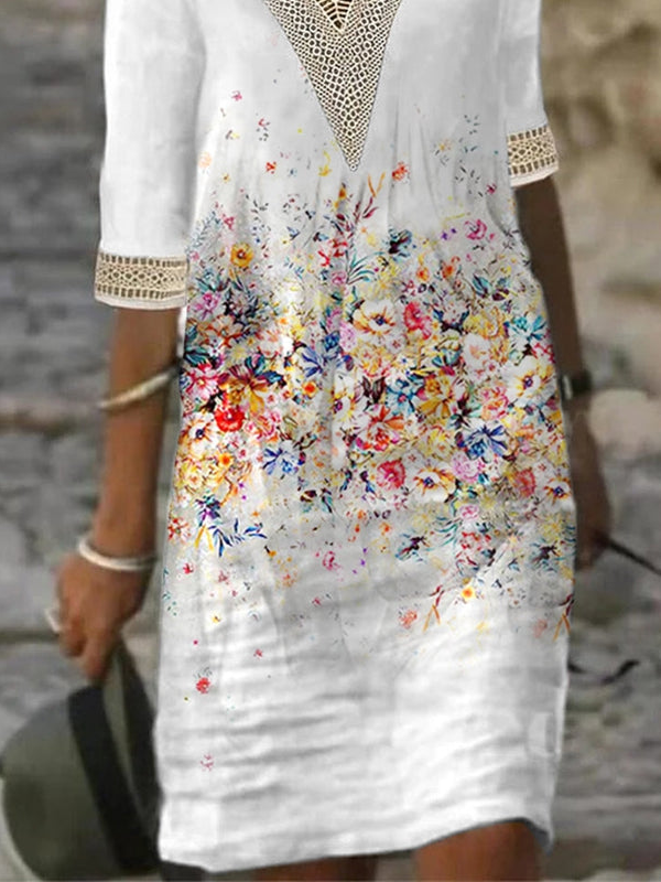 Lace Casual Loose V Neck Floral Dress