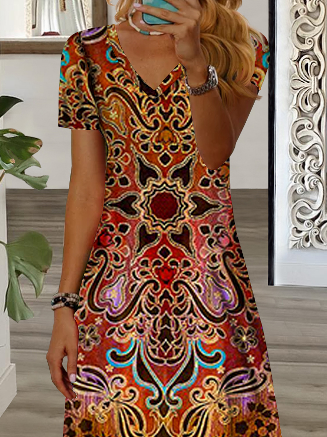 V Neck Loose Ethnic Casual Dress