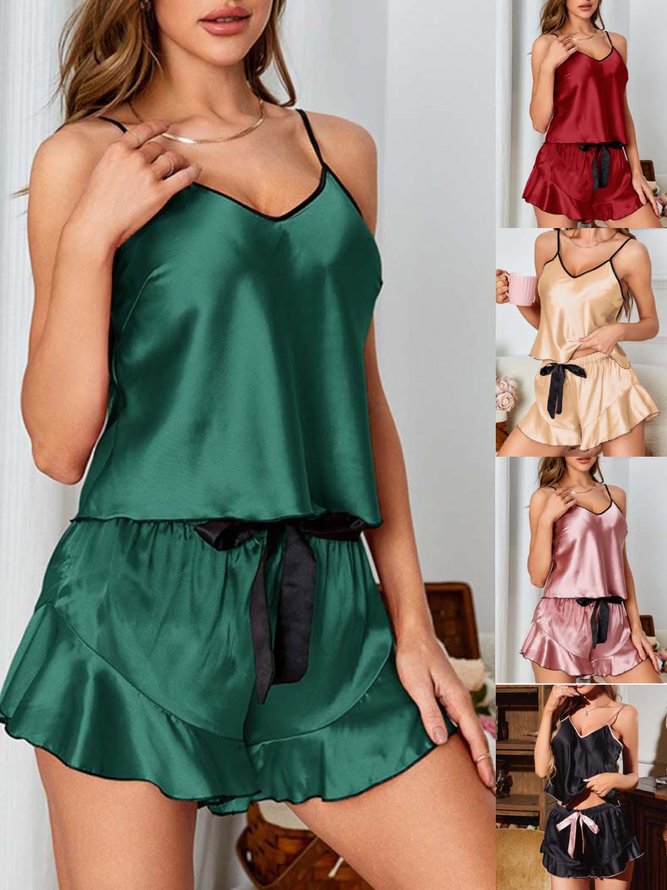 Elegant Loose Satin Ruffle Pajama Set
