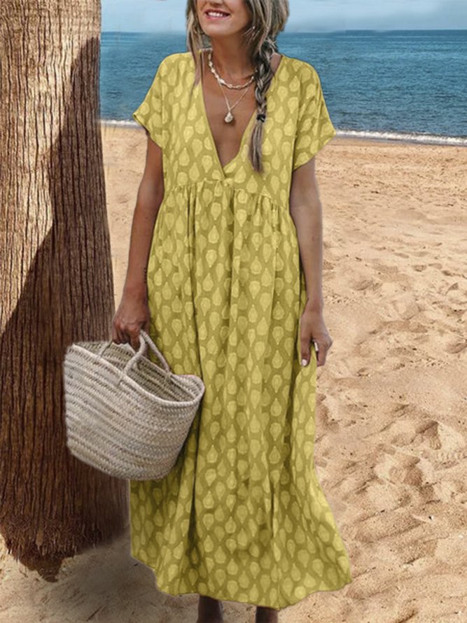 Printed V Neck Shift Casual Floral Maxi Weaving Dress