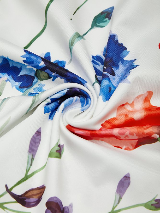 Tropical Floral Print Vacation Beach Midi Hawaiian Dress Regular Fit Round Neck Knee-length dress