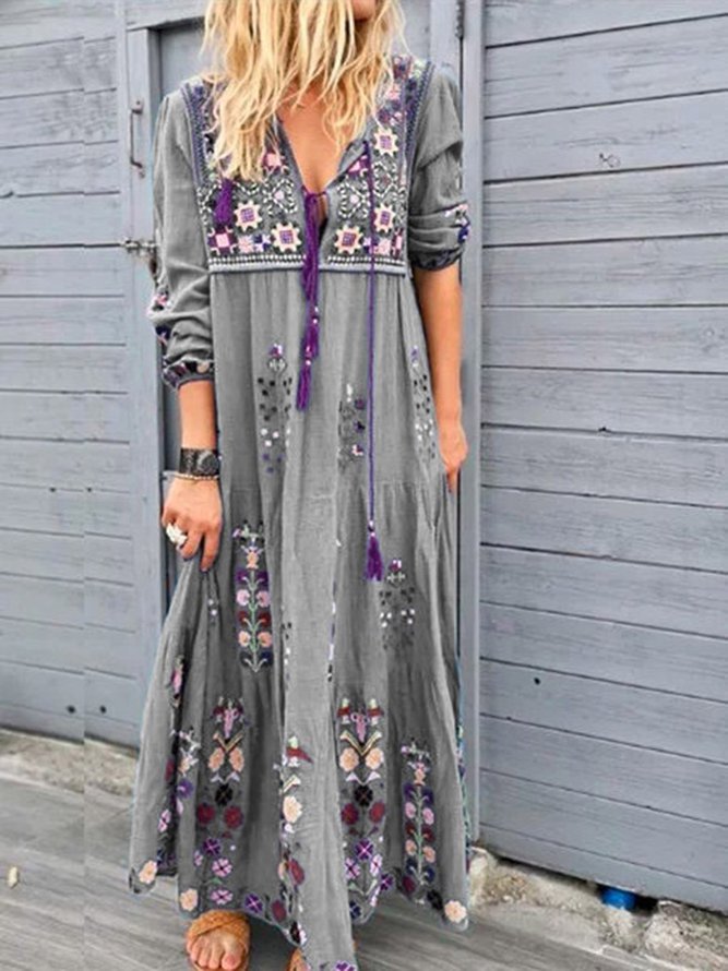Women Casual Patchwork Cotton-Blend V Neck Maxi Dresses