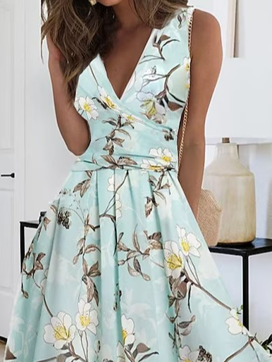 Elegant Loose Floral V Neck Dress
