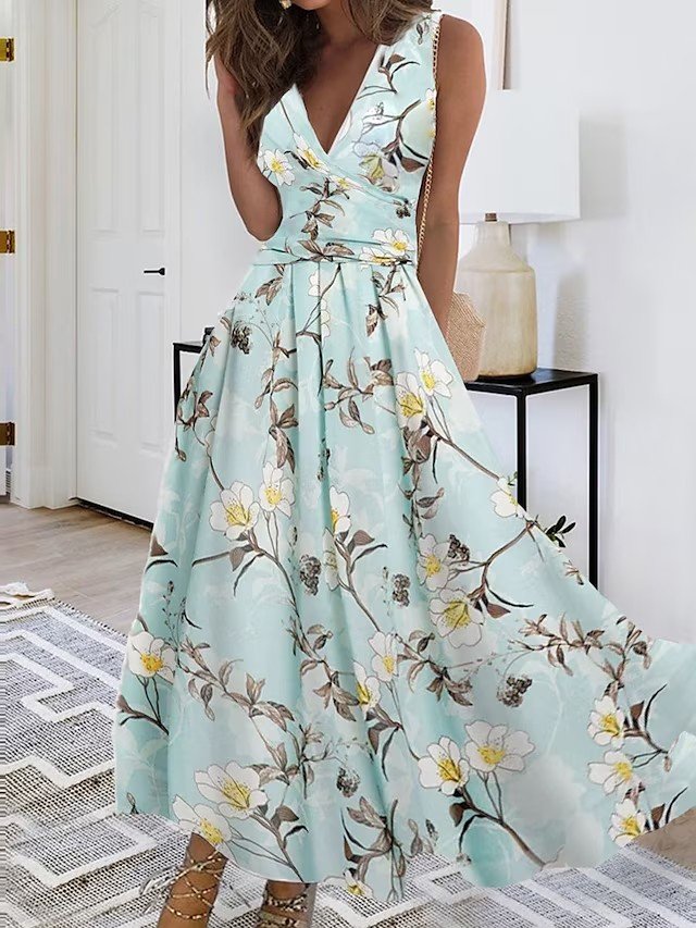 Elegant Loose Floral V Neck Dress