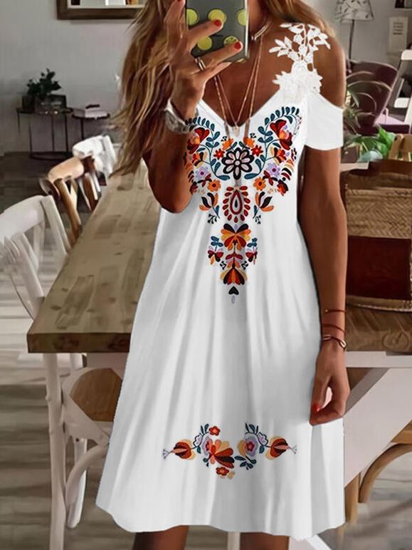 Cold Shoulders Floral Tribal Mexican Prom Dress