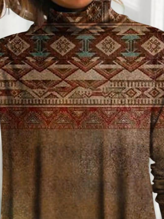 Folk Print Pile Collar Loose Long Sleeve Dress