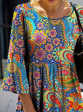Women's Smock Dress Paisley Midi Dress Round Neck Flare Sleeve Casual Midi Smock Dress
