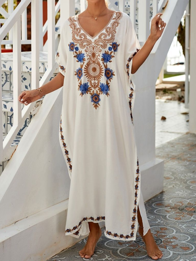 Boho Loose V Neck Floral Kaftan Dress