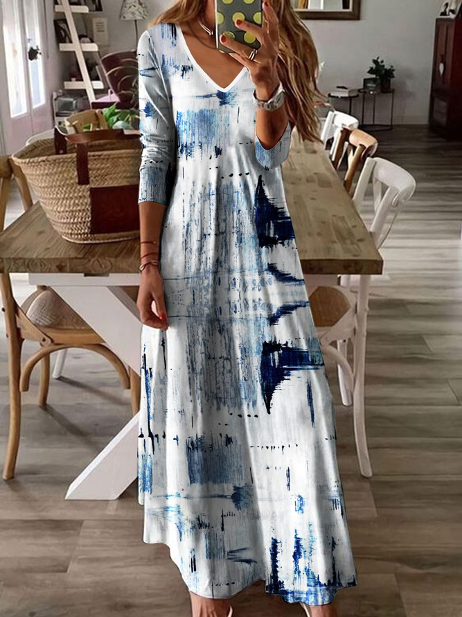 V Neck Geometric Casual Maxi Dress