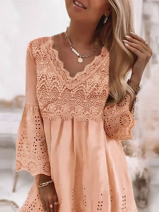 V Neck Lace Casual Loose Dress