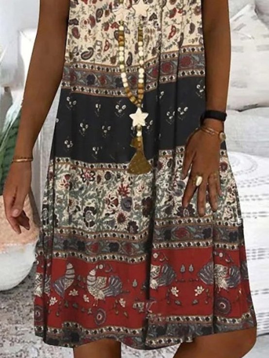 Women's A Line Dress V Neck Tribal Sleeveless Midi Dress