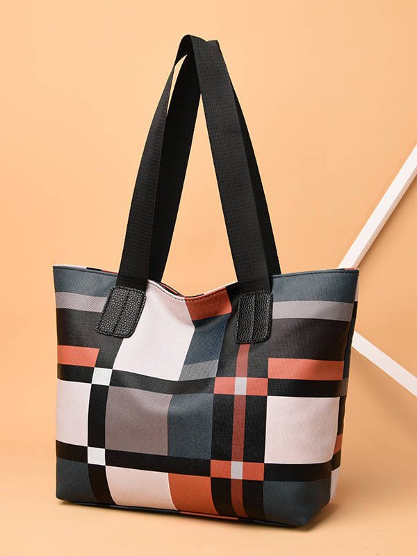 Casual Leather Contrast Check Tote Shoulder Bag Daily Urban