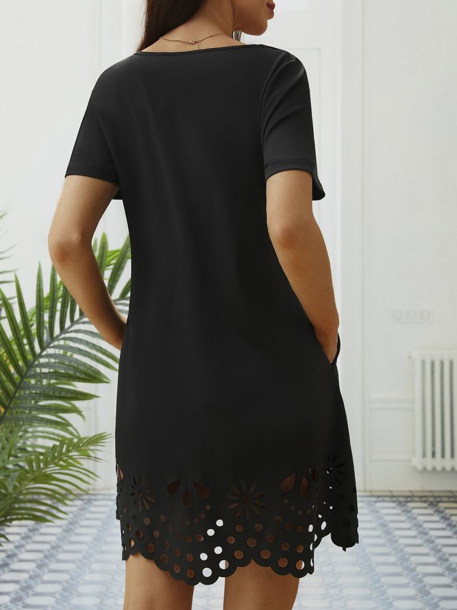 Elegant Black Wavy Neckline Cutout Hem Short Sleeve Knit Dress