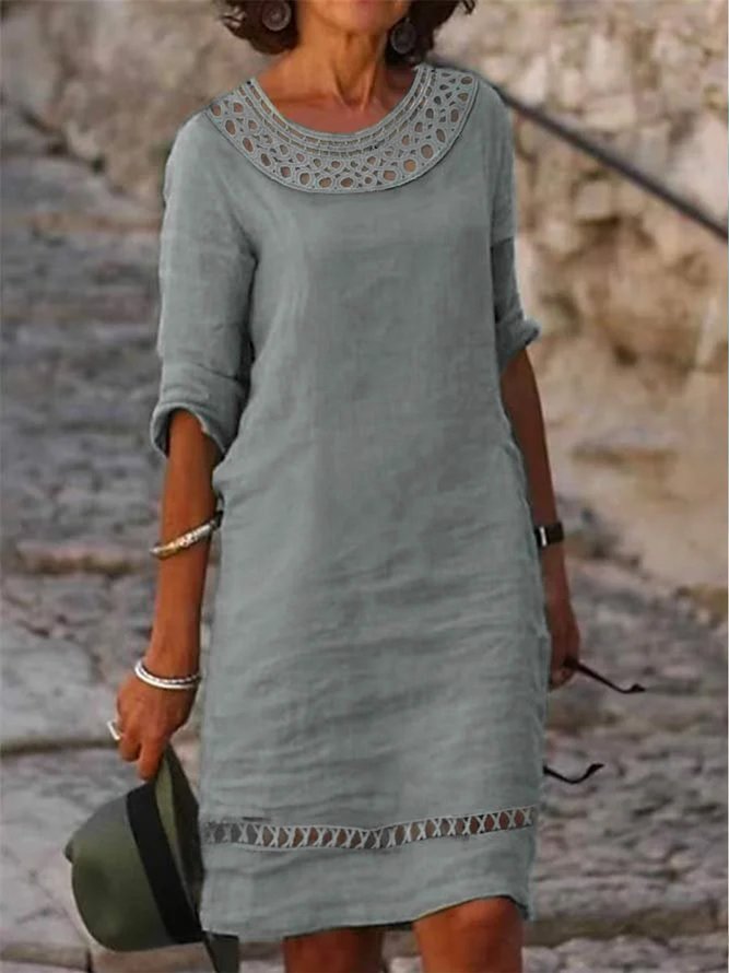 Plain Crew Neck Lace Vacation Linen Dress