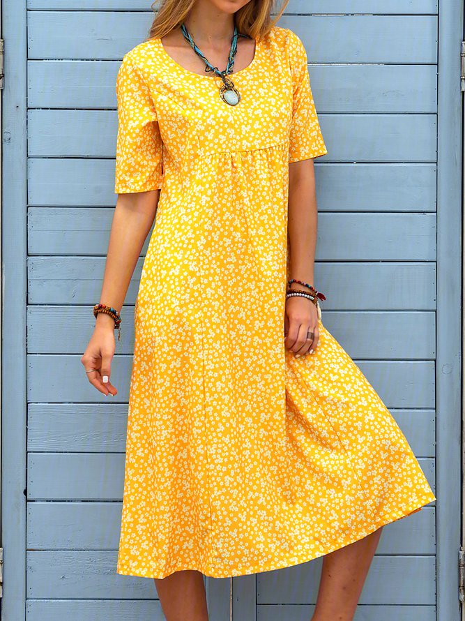 Ditsy Floral Printed Crew Neck Pockets Short Sleeve Casual Midi Shirt Dress