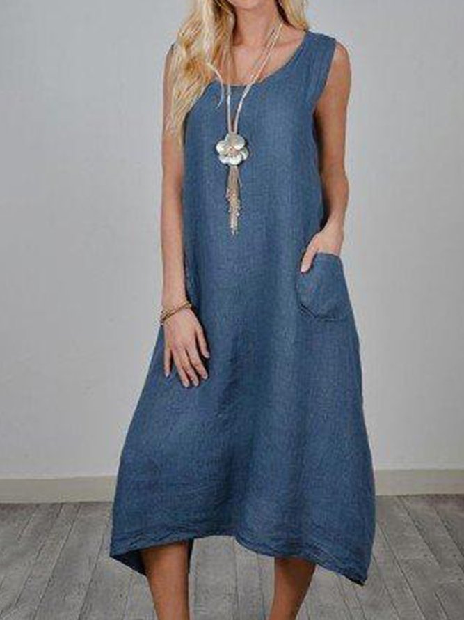 Women Summer Sleeveless Midi Weaving Dress Crew Neck A-Line Daily Cotton Plain Weaving Dress