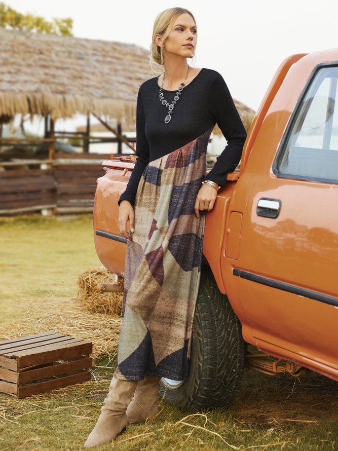 Colorblock Casual Crew Neck Dress