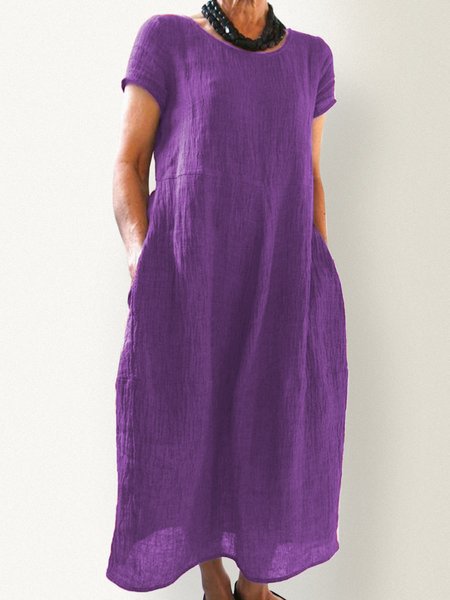 Summer Pockets Round Neck Shift Linen Dresses