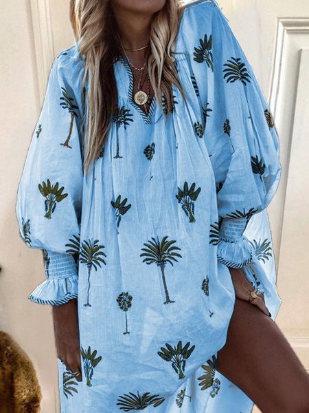 Women Casual Sundress Sexy V-neck Lantern Sleeve Floral Print Elegant Loose Bohemian Beach Dress