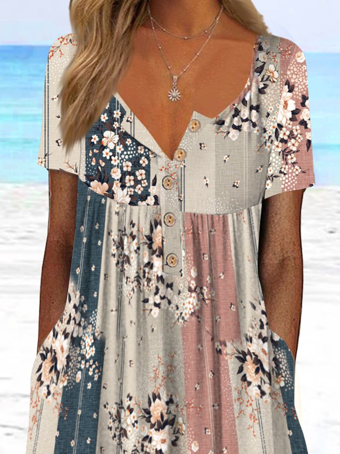 Henley Neck Floral Stripe Casual Midi Dress