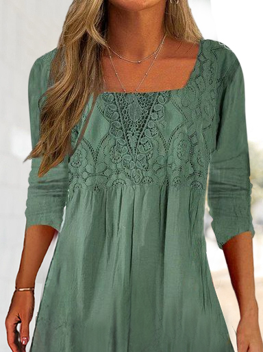 Square Neck Lace Linen Ethnic Plain Casual Loose Tunic Dress